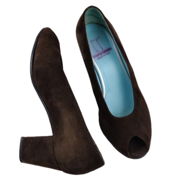 Thierry Rabotin Vintage Brown Suede Leather Almond Peep Toe Blocked Heel Shoe - Picture 1 of 15